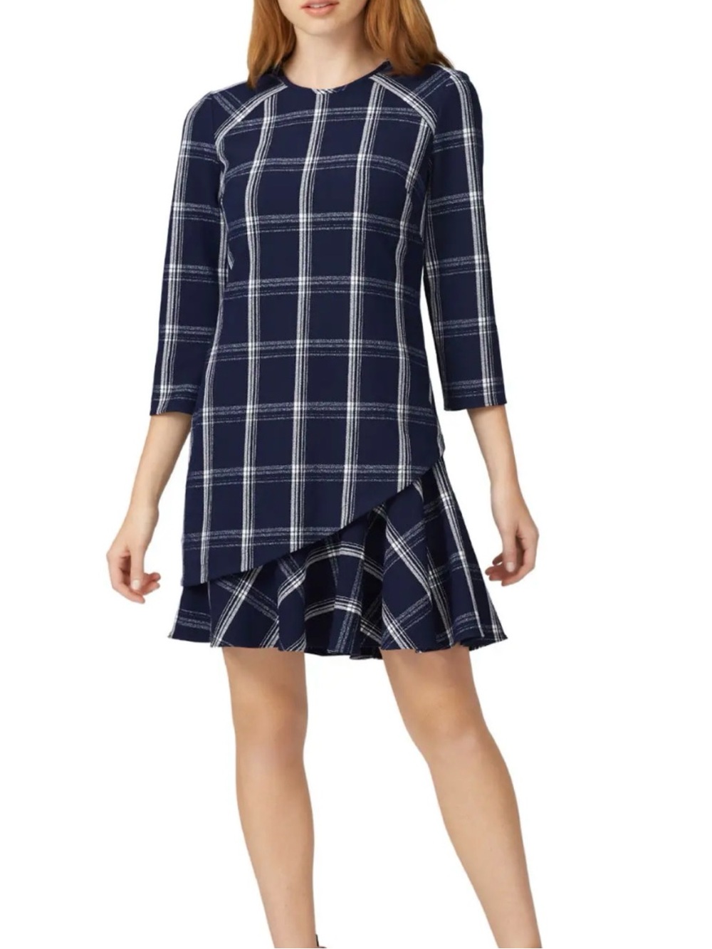 Shoshanna Navy and White Plaid Asymmetrical Hem Dress
